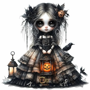 Creepy Porcelain Doll Clipart, 10 High Quality 300 DPI JPEGs, Haunted Doll Watercolor Halloween Art,Spooky Halloween Girl,Gothic Creepy girl