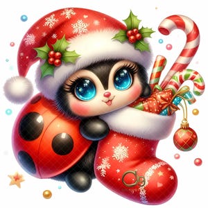 May include: A cute cartoon ladybug wearing a Santa hat with holly and berries, holding a Christmas stocking filled with gifts and candy canes. The ladybug has big blue eyes and is surrounded by Christmas ornaments.