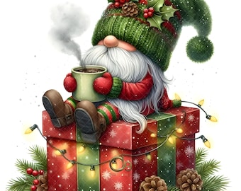May include: A whimsical Christmas gnome illustration. The gnome, wearing a green knit hat adorned with holly and berries, holds a steaming mug. It sits atop a decorated gift box with string lights, pinecones, and greenery, creating a festive scene.