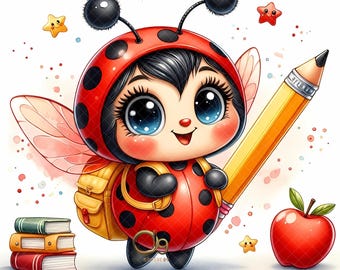 Cute Ladybug Clipart, 10 High-Quality Designs, Adorable Ladybug Clipart Bundle, Back to School Printables, Cartoon Ladybug, Commercial Use