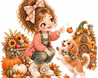 Autumn Girl Pumpkin Clipart, Whimsical Fall Girl JPEG, Watercolor Pumpkin Digital Download for Sublimation, Tumbler, Mug, Tote Bag & Crafts