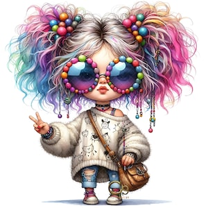 Peut inclure: Illustration d'une fillette aux cheveux arc-en-ciel et aux lunettes de soleil surdimensionn&eacute;es orn&eacute;es de perles color&eacute;es. Elle porte un pull blanc &agrave; motifs, un jean d&eacute;chir&eacute; et un sac bandouli&egrave;re marron. Elle fait le signe de la paix.