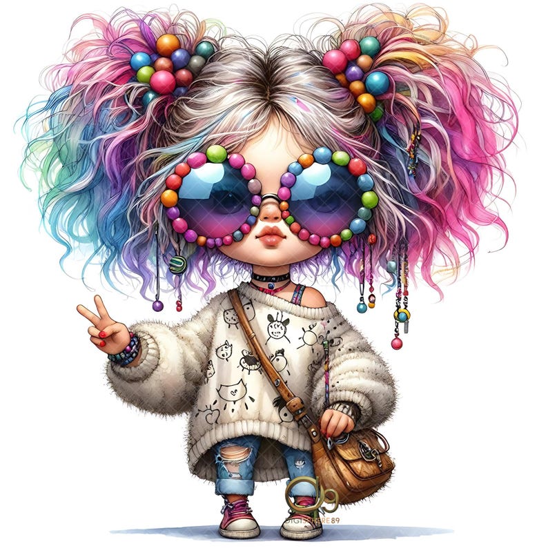 Peut inclure: Illustration d'une fillette aux cheveux arc-en-ciel et aux lunettes de soleil surdimensionn&eacute;es orn&eacute;es de perles color&eacute;es. Elle porte un pull blanc &agrave; motifs, un jean d&eacute;chir&eacute; et un sac bandouli&egrave;re marron. Elle fait le signe de la paix.