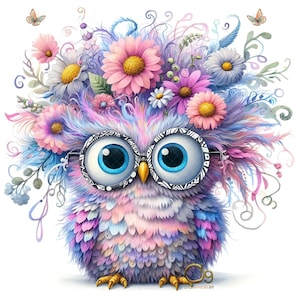 Clipart hibou aquarelle original, lot de 10 images JPEG 300 ppp de haute qualité, hibou drôle avec des lunettes, couronne florale, art mignon de hibou pour l'artisanat de journaux indésirables