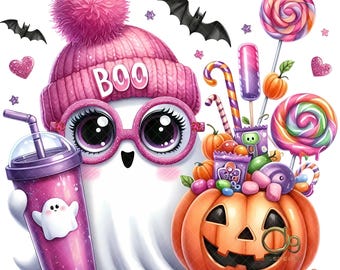 Lindo fantasma rosa con bebida y calabaza de Halloween PNG, Lindo Halloween PNG, Halloween de otoño, Sublimación de Halloween, Fantasma elegante PNG, Calabaza PNG