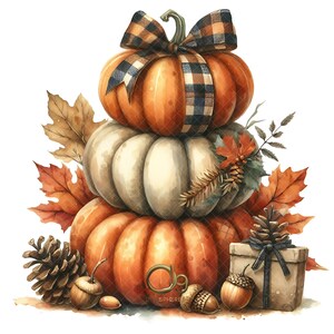 May include: A watercolor illustration of a stack of pumpkins in shades of orange and white, adorned with a plaid bow. The arrangement includes fall foliage, pinecones, acorns, and a small gift box, evoking a harvest theme.