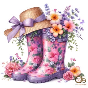 Floral Garden Boots Clipart, 10 High-Quality JPGs, Watercolor Flower Boots, Gardening Clipart, Junk Journal, Boots with Flowers, Digital