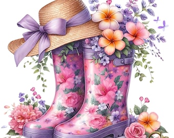 Floral Garden Boots Clipart, 10 High-Quality JPGs, Watercolor Flower Boots, Gardening Clipart, Junk Journal, Boots with Flowers, Digital
