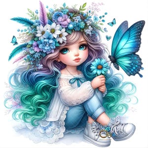 Illustrations de papillon fille, 14 JPG, éphémères fantaisistes, fournitures pour journal créatif, bricolage en papier avec de jolies poupées originales, art imprimable pour scrapbooking