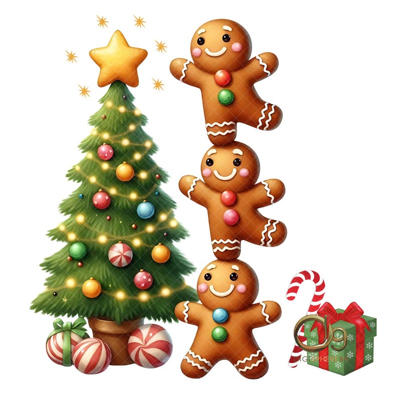 May include: A festive Christmas illustration featuring a decorated tree with a star topper, ornaments, and lights. Three gingerbread men are stacked, and a candy cane and wrapped gift box complete the holiday scene.