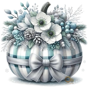 Clipart floral de calabaza a cuadros y carámbanos, conjunto de 10 JPEG de alta calidad de 300 DPI, creación de tarjetas navideñas con calabazas, manualidades digitales con papel