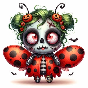 17 Halloween Zombie Ladybug Clipart, Cute Spooky Bug JPEG, Watercolor Halloween Digital Download for Sublimation, Whimsical Printable Arts