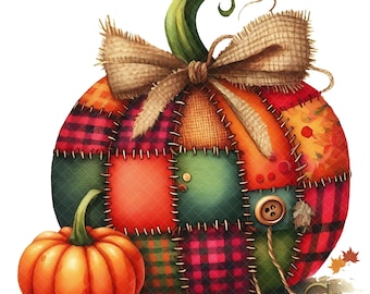 Puede incluir: Ilustración en acuarela de una gran calabaza de retazos con un lazo de arpillera y una pequeña calabaza naranja. La calabaza grande está hecha de varios cuadrados de tela en rojo, verde y naranja, cosidos. Se adjunta un botón marrón.