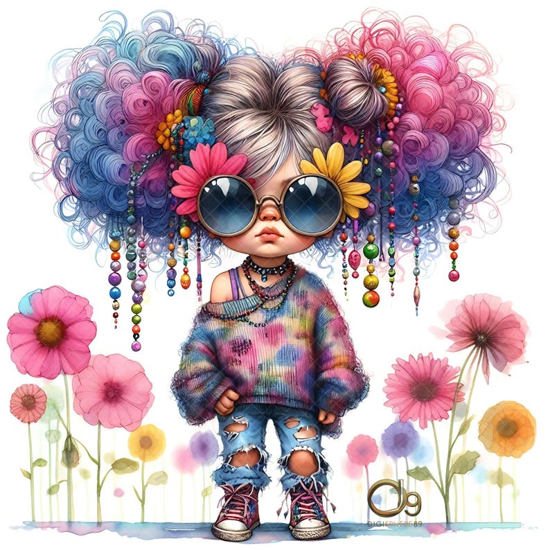 Peut inclure: Illustration fantaisiste d'une figurine poup&eacute;e avec de grandes lunettes de soleil et des cheveux color&eacute;s et volumineux orn&eacute;s de fleurs et de perles. La figurine porte un pull tie-dye, un jean d&eacute;chir&eacute; et des baskets, debout parmi des fleurs &agrave; l'aquarelle.