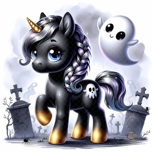 Spooky Black Unicorn with Ghost Clipart, 10 High Quality 300 DPI JPEGs, Baby Unicorn Watercolor Clipart, Cute Unicorn Halloween Printables