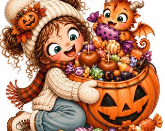 15 Halloween Girl & Dragon Clipart, Cute Funny Fantasy JPEG, Spooky Digital Art for T Shirts, Mugs, Tumblers, Tote Bags and Crafts