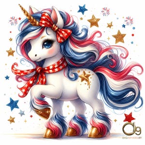 Unicorn  4th of July Clipart, Set of 10, High Quality 300 DPI JPEGs, Patriotic Unicorn Art, Independence Day USA Unicorn, American Flag