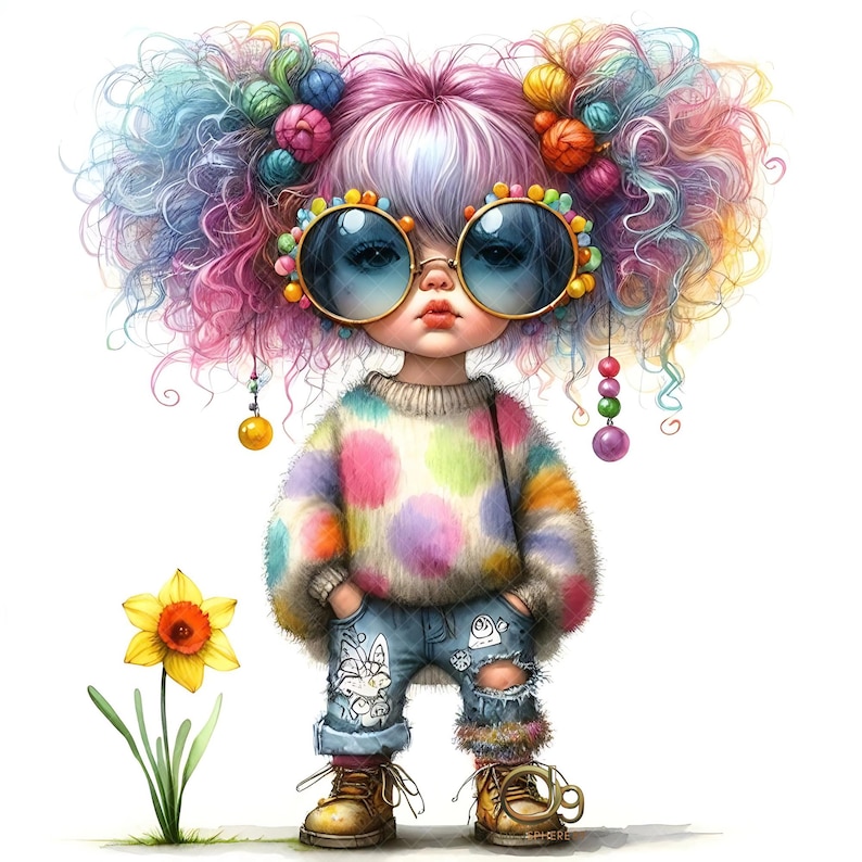 Peut inclure: Illustration fantaisiste d'une poup&eacute;e aux cheveux boucl&eacute;s multicolores et de grandes lunettes de soleil bleues. La figurine porte un pull &agrave; pois color&eacute;, un jean d&eacute;chir&eacute; et des bottes marron. Une jonquille jaune est &agrave; gauche.