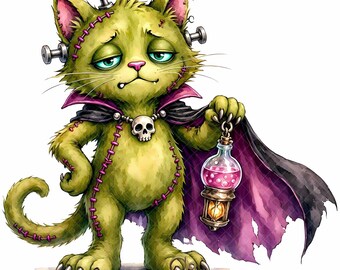 Halloween Frankenstein Cat Clipart, Cute Spooky Cat JPEG, Watercolor Monster Cat Digital Download for Sublimation, spooky paper craft
