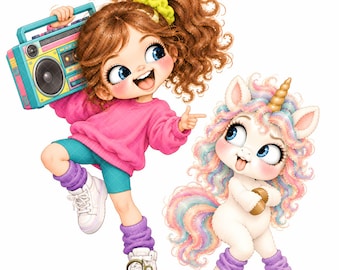 Retro Girl & Unicorn Clipart, 15 Funny Groovy Girl JPEG, Whimsical Unicorn Digital, Nursery Decor, Magical Art for Printable Crafts