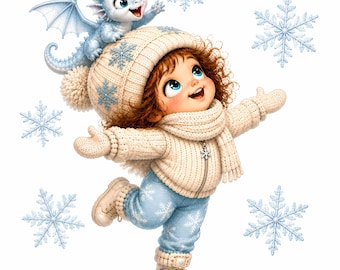 Funny Winter Girl & Dragon Clipart, 15 High-Res 300 DPI Cute Fantasy JPEG Digital Art, Junk Journal, Scrapbook, Paper Craft