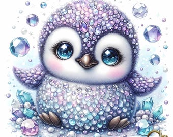Gemstones Penguin Clipart, Printable Watercolor clipart, 10 High Quality JPG, Digital download, Nursery Decor, Paper craft, junk journal