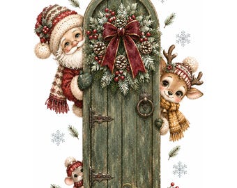 15 Peeking Santa Reindeer Clipart, Watercolor Christmas JPEG, Whimsical Santa & Reindeer Digital Art for Shirts, Mugs, Totes and Crafts