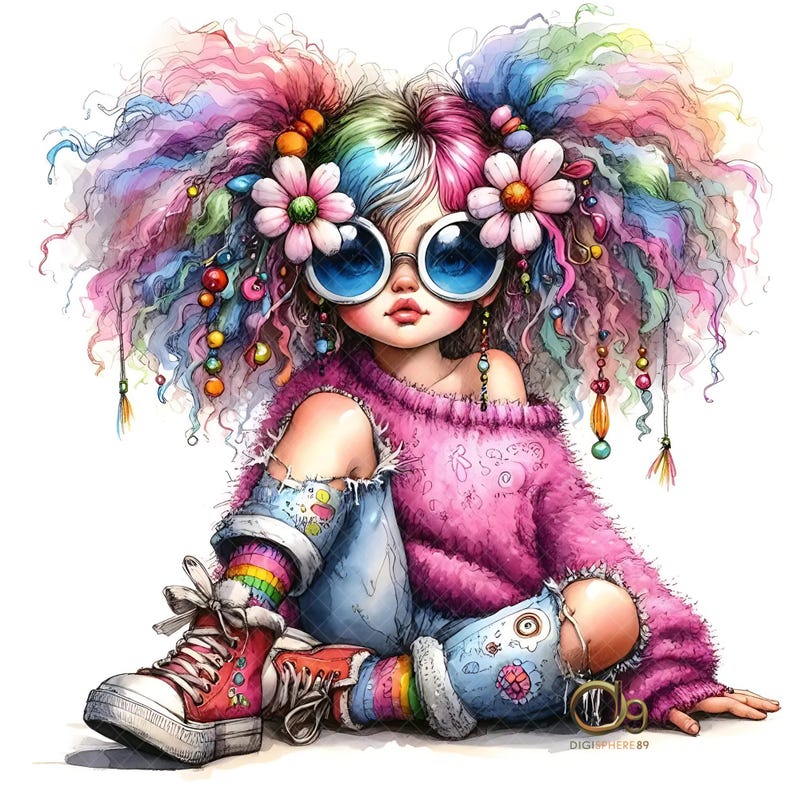 Peut inclure: Illustration &agrave; l'aquarelle d'une fille aux cheveux arc-en-ciel, de grandes lunettes de soleil bleues et des accessoires pour cheveux en forme de fleurs. Elle porte un pull rose, un jean bleu d&eacute;chir&eacute; et des baskets rouges. Ses chaussettes ont des rayures arc-en-ciel.