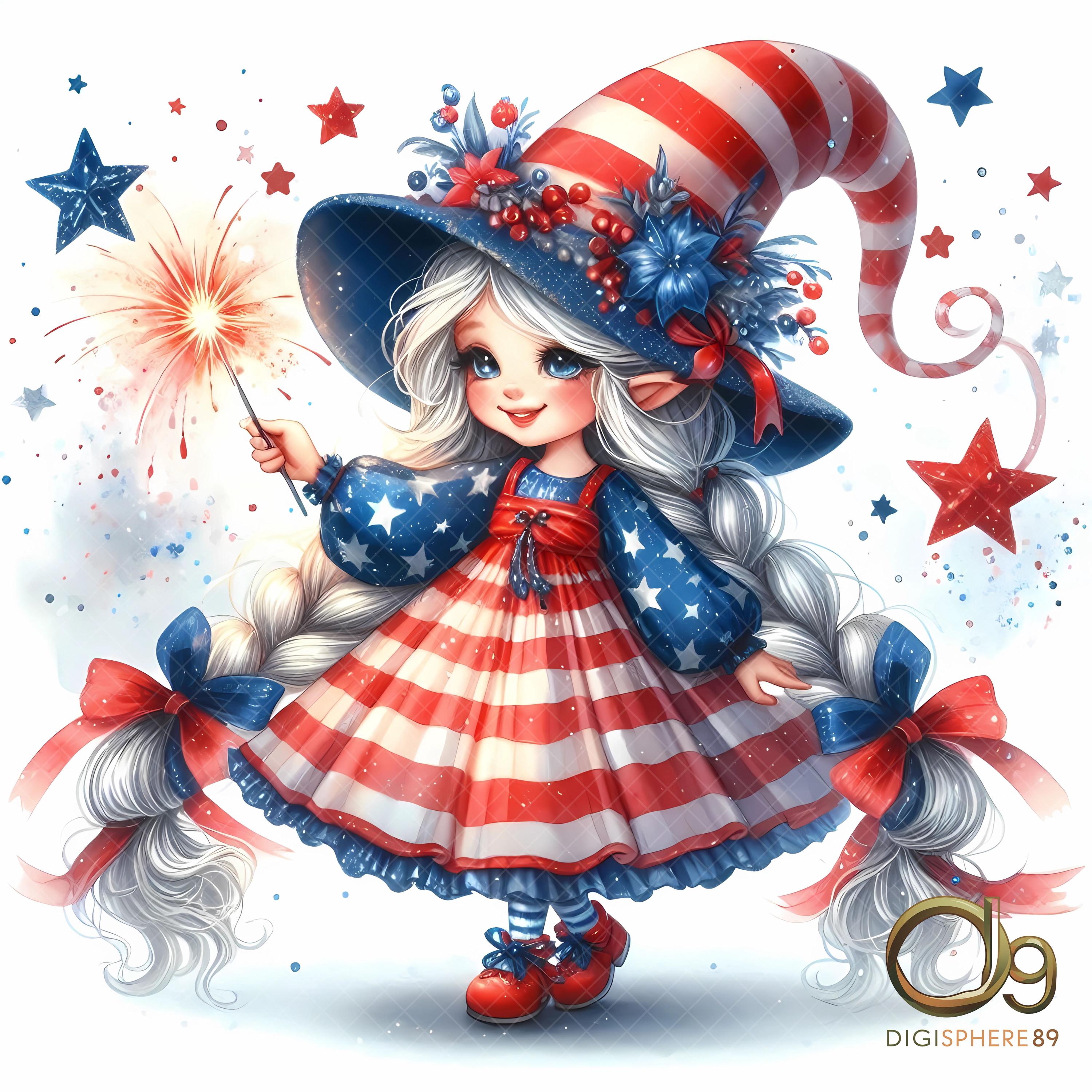 Gnome Girl 4th of July Clipart, Set of 10, High Quality 300 DPI JPEGs, Patriotic Gnome Art, Independence Day USA Gnomes, American Flag Gnome