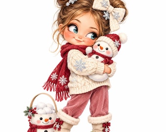 15 Christmas Girl & Snowman JPEG Clipart, Watercolor Winter Digital Art for Junk Journals, Scrapbooking and Paper Crafts
