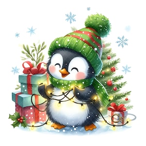 Christmas Penguin Clipart, 10 High Res Watercolor JPGs Winter Animals, Festive Art Gifts Tags, Holiday Christmas Cards, Crafts Printables