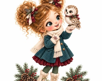 Winter Girl and Woodland Animals Clipart, Watercolor Winter Girl JPG, Cozy Christmas Digital Art for Shirts, Mugs, Totes & Crafts