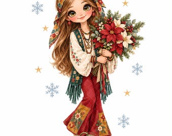 15 Watercolor Christmas Hippie Girl JPEG Clipart, Boho Holiday Digital Art, Boho Christmas, Junk journal, Christmas scrapbook, Paper craft