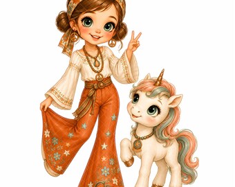 Retro Girl & Unicorn Clipart, 15 Funny Groovy Girl JPEG, Whimsical Unicorn Digital, Nursery Decor, Magical Art for Printable Crafts