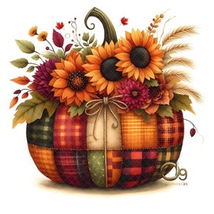 Clipart floral citrouille à carreaux, lot de 10 fichiers JPEG 300 ppp de haute qualité, automne Cottage, graphismes Halloween humeur automne automne rustique, automne, usage commercial