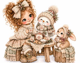 Winter Girl, Woodland Animals, Snowman Clipart, Watercolor Winter Girl JPG, Cozy Christmas Digital Art for Shirts, Mugs, Totes & Crafts