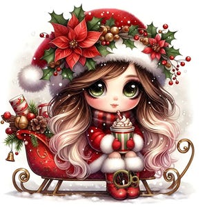 Cute Christmas Girl Clipart, 12 High Res JPGs Watercolor Holiday Girl on Red Sleigh, Santa Hat, Hot Cocoa, Winter Clip Art,Xmas Paper crafts
