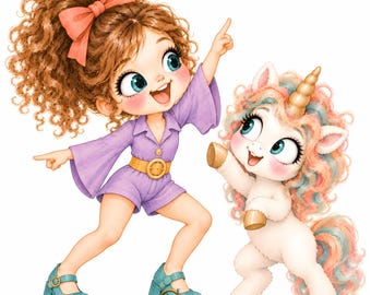 Retro Girl & Unicorn Clipart, 15 Funny Groovy Girl JPEG, Whimsical Unicorn Digital, Nursery Decor, Magical Art for Printable Crafts
