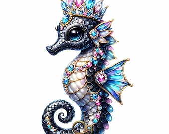Gemstone Seahorse Clipart, Watercolor Seahorse JPEG, Jewel Ocean Animal,gemstone seahorse nursery wall art,kids party,baby shower printables