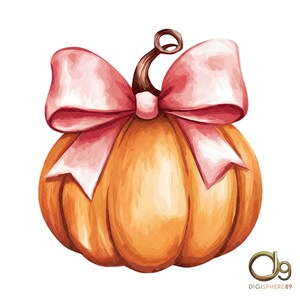 May include: A watercolor illustration of a pumpkin with a pink bow. The pumpkin is orange and has a stem. The bow is tied around the stem.