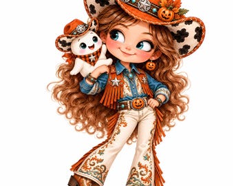 20 Halloween Cowgirl JPEG Clipart, Western Cowgirl Watercolor Art, Spooky Girl Digital Download for Junk Journals, Scrapbooking & Craft