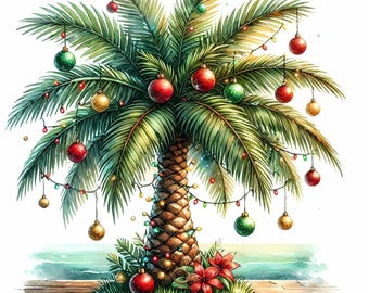 Christmas Palm Tree Clipart, Tropical Christmas JPEG, Watercolor Beach Holiday, Christmas scrapbook art, digital download, paper crafts
