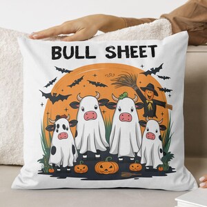Halloween Cow Pillow Cover 18x18 Inch – 'Bull Sheet' Ghost Cows With Pumpkins, Black Farmhouse Throw Pillow Case For Couch