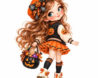 15 Trick or Treat Halloween Girl JPEG Clipart, Whimsical Watercolor Digital Art for Junk Journals, Scrapbooking & Crafts