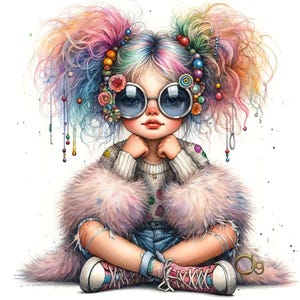 Peut inclure: Illustration fantaisiste d'une jeune personne aux cheveux multicolores en chignons. Elle porte de grandes lunettes de soleil, un manteau rose duveteux, un pull, un short en jean et des baskets roses. Style artistique et ludique.