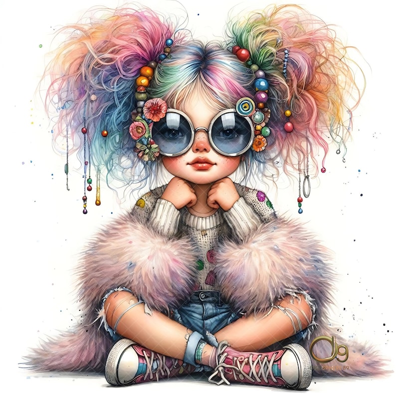 Peut inclure: Illustration fantaisiste d'une jeune personne aux cheveux multicolores en chignons. Elle porte de grandes lunettes de soleil, un manteau rose duveteux, un pull, un short en jean et des baskets roses. Style artistique et ludique.