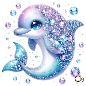 Gemstones Dolphin Clipart, Printable Watercolor clipart, 10 High Quality JPG, Digital download, Nursery Decor, Paper craft, junk journal