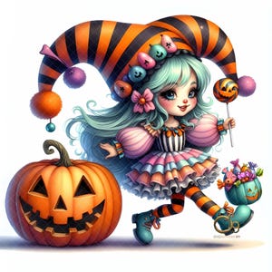 Whimsical Halloween Jester Girl Clipart, Set of 10 JPGs, Spooky Halloween Art, Colorful Doll with Pumpkin Bucket Creepy Cute Art for Crafts