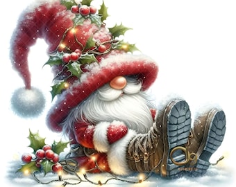Gnomo de invierno en acuarela, 12 imágenes prediseñadas de gnomos navideños en formato JPG, láminas navideñas de gnomos adorables, gnomos navideños, imágenes prediseñadas festivas y acogedoras para tarjetas navideñas de invierno.