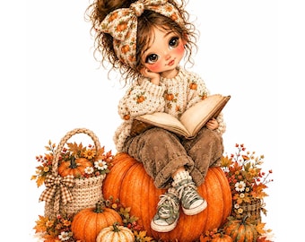 Autumn Girl Pumpkin Clipart, Whimsical Fall Girl JPEG, Watercolor Pumpkin Digital Download for Sublimation, Tumbler, Mug, Tote Bag & Crafts